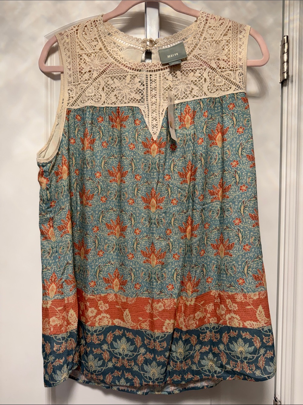 NWT Anthropologie Maeve Laced Eleanor Blouse Turquoise Floral Lace Top Size L